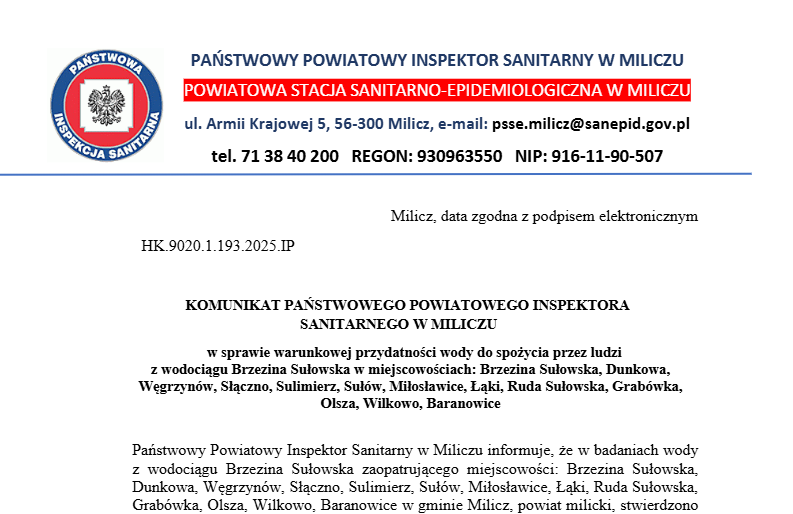 KOMUNIKAT PAŃSTWOWEGO POWIATOWEGO INSPEKTORA SANITARNEGO W MILICZU w sprawie warunkowej przydatności wody do spożycia przez ludzi z wodociągu Brzezina Sułowska