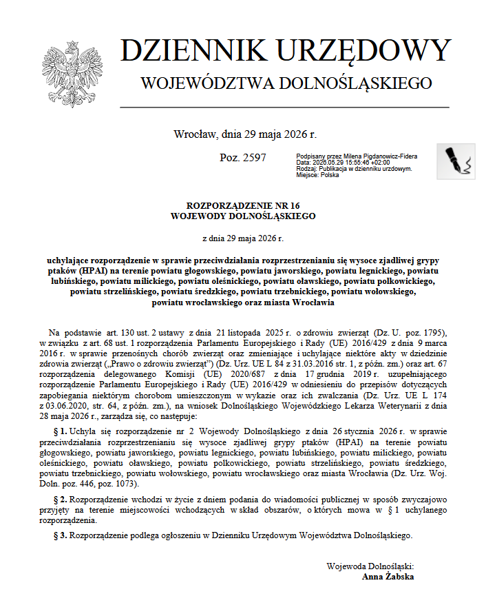 Rozporządzenie nr 16 Wojewody Dolnośląskiego, uchylające rozporządzenie w sprawie przeciwdziałania rozprzestrzenianiu się wysoce zjadliwej gryp ptaków (HPAI)