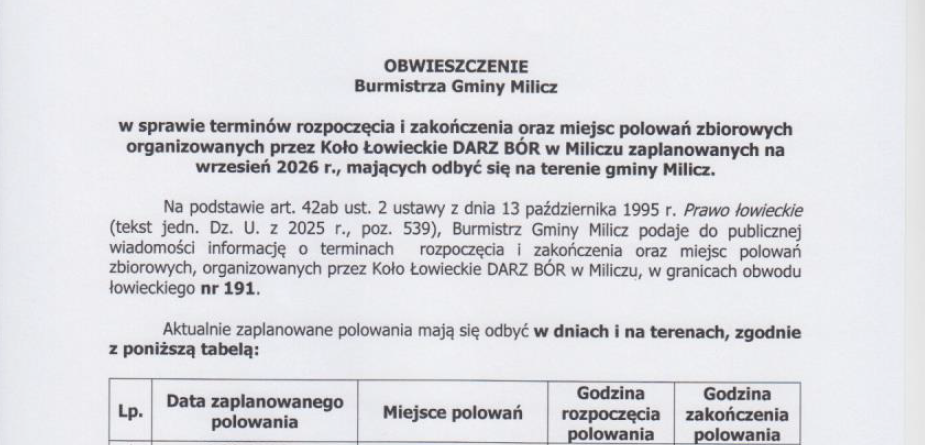 Obwieszczenia Burmistrza Gminy Milicz dot polowania zbiorowego – Koło Darz Bór 2026