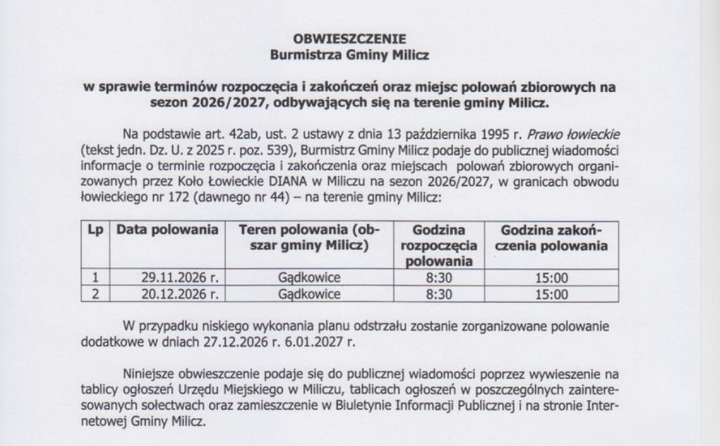 Obwieszczenia Burmistrza Gminy Milicz dot polowania zbiorowego – Koło Diana 2026
