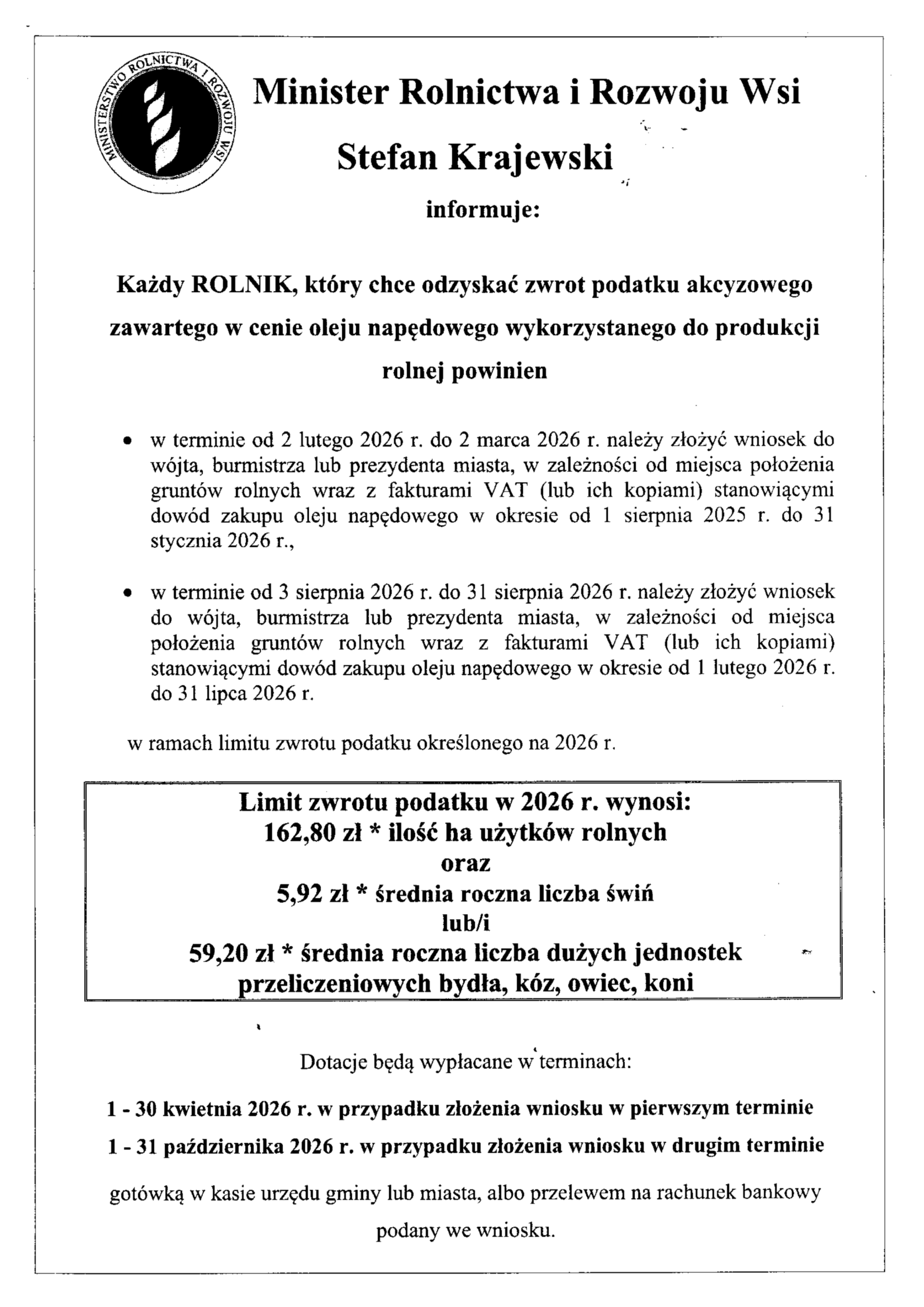 Minister Rolnictwa i Rozwoju Wsi Informuje