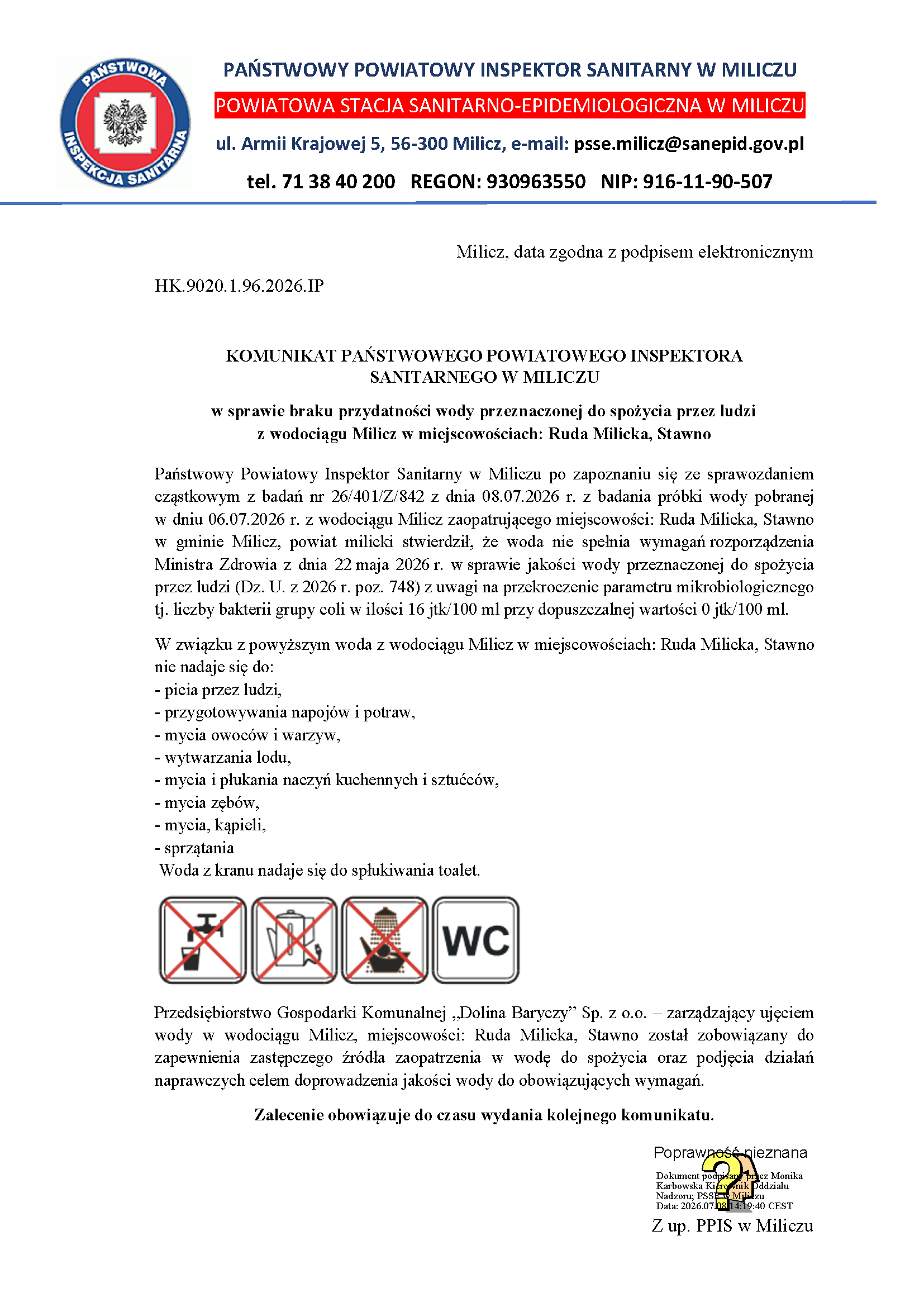Komunikat Sanepidu: Woda z wodociągu Milicz nieprzydatna do spożycia w Rudzie Milickiej i Stawnie